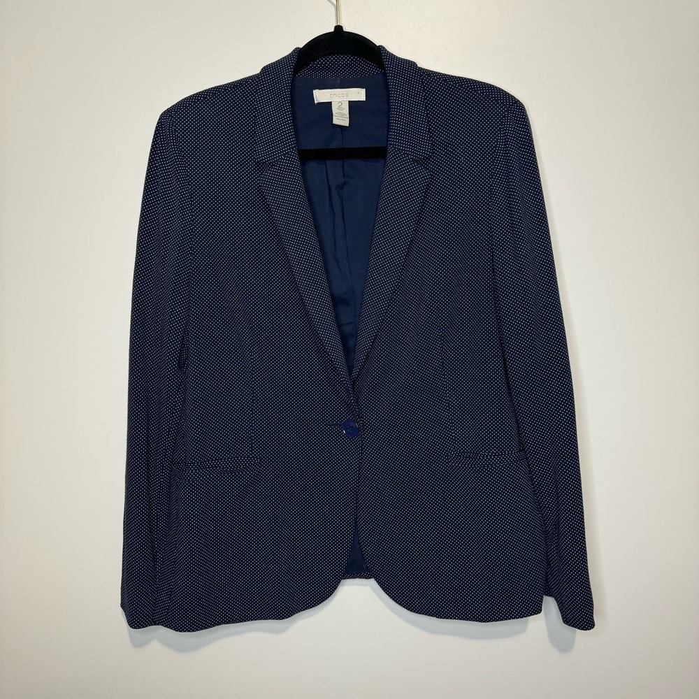 Chico's Women's Navy Polka Dot One Button Stretchy Blazer size 2